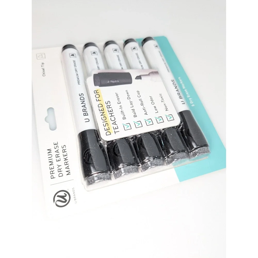 Set of 5 U Brands Chisel Tip Dry Erase Markers Whiteboard Low Odor Black Eraser